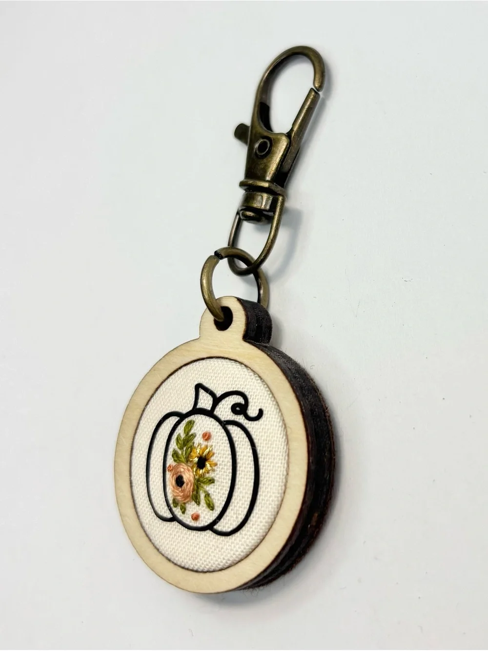 Handmade Floral Pumpkin Embroidered Wood Keychain Purse Charm NWOT